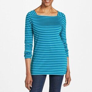 LL Bean Womens Blue & Turquois Supima Cotton Striped 3/4 Sleeve Top Size 2X